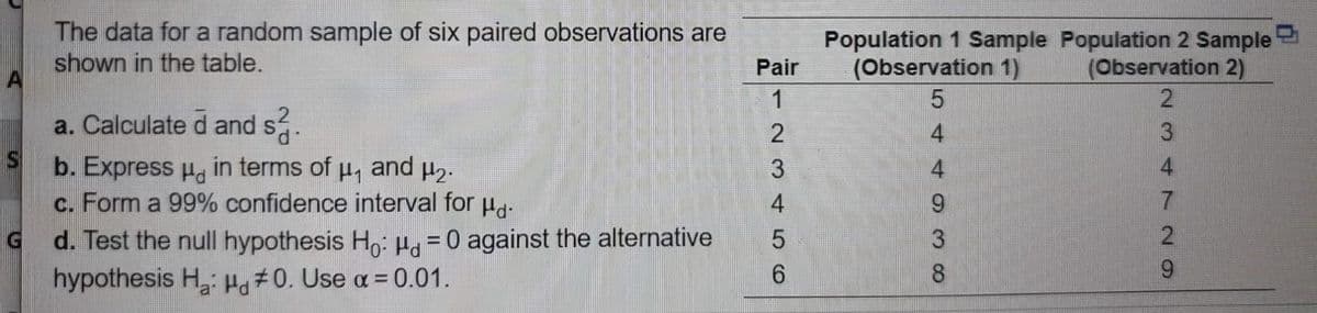 The data for a random sample of six paired observations are
shown in the table.
Population 1 Sample Population 2 Sample
(Observation 1)
Pair
(Observation 2)
a. Calculate d and s.
S.
b. Express H, in terms of p,
c. Form a 99% confidence interval for µg.
d. Test the null hypothesis Ho: H=0 against the alternative
hypothesis H: H0. Use a = 0.01.
and
9.
G.
%3D
23 4 729
544 O3O
12 3 456
