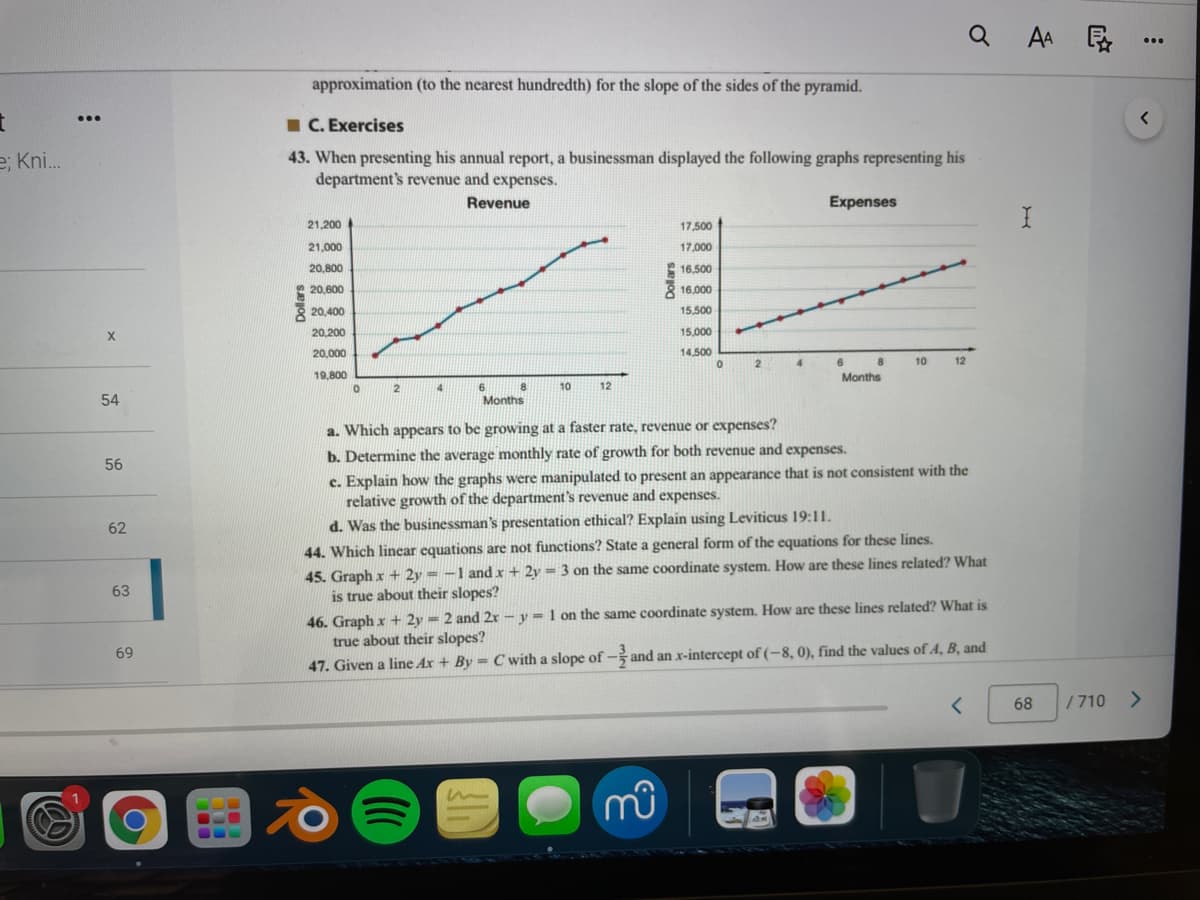 Q AA B
approximation (to the nearest hundredth) for the slope of the sides of the pyramid.
...
I C. Exercises
e; Kni.
43. When presenting his annual report, a businessman displayed the following graphs representing his
department's revenue and expenses.
Revenue
Expenses
21,200
17,500
21,000
17,000
20,800
2 16,500
20,600
8 16.000
20,400
15,500
20,200
15,000
20,000
14,500
4.
10
12
19,800
Months
10
12
54
Months
a. Which appears to be growing at a faster rate, revenue or expenses?
b. Determine the average monthly rate of growth for both revenue and expenses.
56
c. Explain how the graphs were manipulated to present an appearance that is not consistent with the
relative growth of the department's revenue and expenses.
62
d. Was the businessman's presentation ethical? Explain using Leviticus 19:11.
44. Which linear equations are not functions? State a general form of the equations for these lines.
45. Graph x + 2y = -1 and x + 2y = 3 on the same coordinate system. How are these lines related? What
is true about their slopes?
46. Graph x + 2y = 2 and 2x – y = 1 on the same coordinate system. How are these lines related? What is
true about their slopes?
63
69
47. Given a line Ax + By = C with a slope of- and an x-intercept of (-8, 0), find the values of A, B, and
68
/710
Dollars
