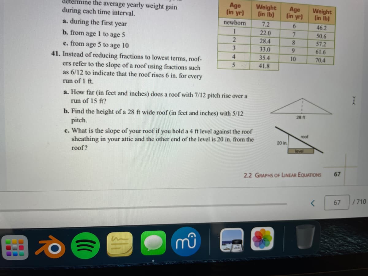 Age
(in yr)
detérmine the average yearly weight gain
during each time interval.
a. during the first year
Weight
(in Ib)
Age
(in yr)
Weight
(in Ib)
newborn
7.2
46.2
1
22.0
50.6
b. from age 1 to age 5
2
28.4
57.2
c. from age 5 to age 10
3.
33.0
61.6
41. Instead of reducing fractions to lowest terms, roof-
ers refer to the slope of a roof using fractions such
as 6/12 to indicate that the roof rises 6 in. for every
4
35.4
10
70.4
41.8
run of 1 ft.
a. How far (in feet and inches) does a roof with 7/12 pitch rise over a
run of 15 ft?
b. Find the height of a 28 ft wide roof (in feet and inches) with 5/12
28 ft
pitch.
c. What is the slope of your roof if you hold a 4 ft level against the roof
sheathing in your attic and the other end of the level is 20 in. from the
roof
20 in.
roof?
level
67
2.2 GRAPHS OF LINEAR EQUATIONS
67
/710
4789
