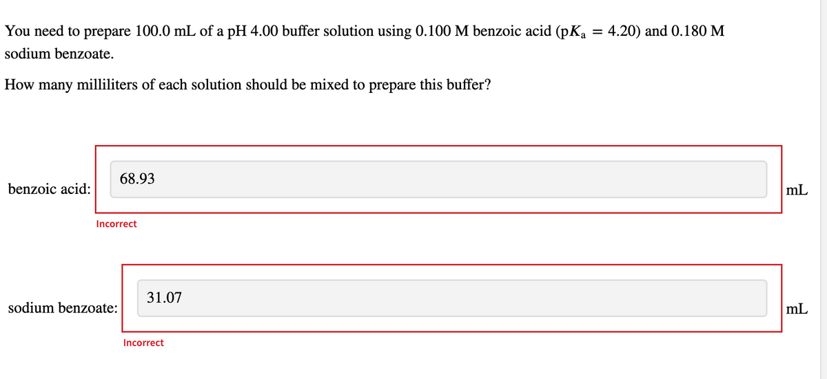### Preparation of a Buffer Solution

To prepare 100.0 mL of a pH 4.00 buffer solution using 0.100 M benzoic acid (pKa = 4.20) and 0.180 M sodium benzoate, calculate the required volumes of each component.

#### Problem Statement:
You need to prepare 100.0 mL of a pH 4.00 buffer solution using 0.100 M benzoic acid (pKa = 4.20) and 0.180 M sodium benzoate.

**Question:**  
How many milliliters of each solution should be mixed to prepare this buffer?

#### Incorrect Answers Provided:
**Benzoic acid:**  
- 68.93 mL  
  *Status: Incorrect*

**Sodium benzoate:**  
- 31.07 mL  
  *Status: Incorrect*

### Explanation:
When preparing a buffer solution, you should use the Henderson-Hasselbalch equation to determine the correct ratio of acid and conjugate base:

\[ \text{pH} = \text{pKa} + \log \left( \frac{[\text{A}^-]}{[\text{HA}]} \right) \]

Where:
- pH is the desired pH of the buffer solution.
- pKa is the acid dissociation constant of benzoic acid.
- \([\text{A}^-]\) is the concentration of the conjugate base (sodium benzoate).
- \([\text{HA}]\) is the concentration of the acid (benzoic acid).

By setting up and solving this equation correctly, you can find the appropriate volumes for each solution needed to create the buffer with the desired pH.

In this problem, the calculated volumes provided are 68.93 mL for benzoic acid and 31.07 mL for sodium benzoate, both of which are incorrect. Therefore, re-evaluating the calculation using the appropriate method is necessary.