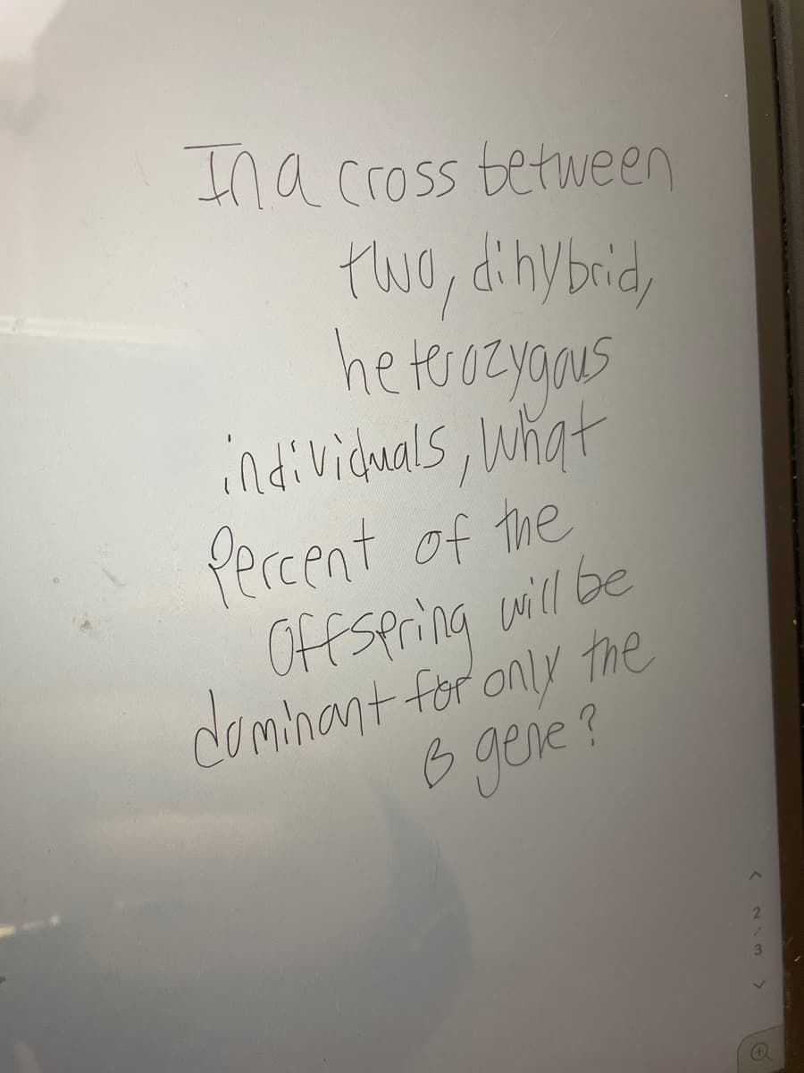 na cross tetween
two, dihybrid,
he terozyanus
individuals, What
Percent of the
Offspring will be
dominant for aniy the
B gere ?
3
