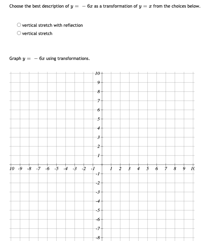 Choose the best description of y = – 6x as a transformation of y = x from the choices below.
O vertical stretch with reflection
O vertical stretch
Graph y =
- 6x using transformations.
10
7-
5-
4
2-
10 -9 -8 -7 -6 -5 -4 -3 -2 -1
3
4
5
6
7
8 9 10
-1
-2
-3
-4
-5-
-6
-7-
-8
2.
9.
6.
3.
