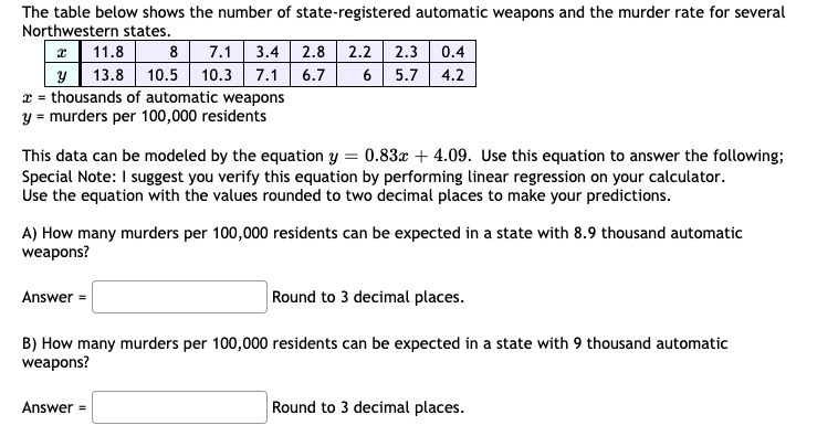 The table below shows the number of state-registered automatic weapons and the murder rate for several
Northwestern states.
x| 11.8
8 7.1 3.4
13.8 10.5 10.3 7.1
2.2 | 2.3
5.7 4.2
2.8
0.4
6.7
6
x = thousands of automatic weapons
y = murders per 100,000 residents
This data can be modeled by the equation y = 0.83x + 4.09. Use this equation to answer the following;
Special Note: I suggest you verify this equation by performing linear regression on your calculator.
Use the equation with the values rounded to two decimal places to make your predictions.
A) How many murders per 100,000 residents can be expected in a state with 8.9 thousand automatic
weapons?
Answer =
Round to 3 decimal places.
B) How many murders per 100,000 residents can be expected in a state with 9 thousand automatic
weapons?
Answer =
Round to 3 decimal places.
