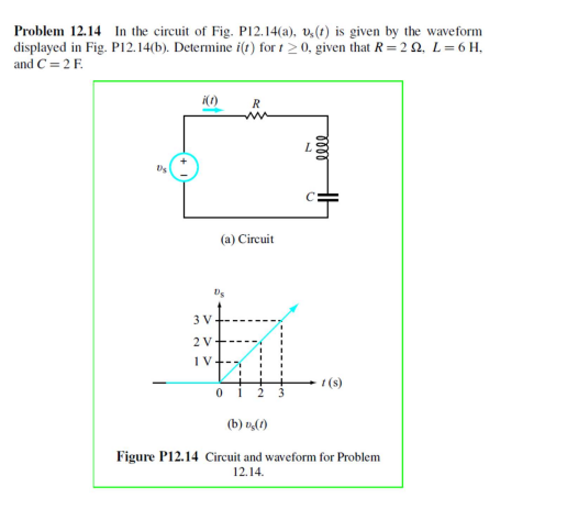 Problem 12.14 In the circuit of Fig. P12.14(a), v. (t) is given by the waveform
displayed in Fig. P12.14(b). Determine i(t) for t≥0, given that R=292, L = 6 H,
and C = 2 F.
Ds
i(t)
(a) Circuit
Ds
3 V
2 V
IV-
R
0 1
0000
O
HE
-1 (s)
(b) v (1)
Figure P12.14 Circuit and waveform for Problem
12.14.