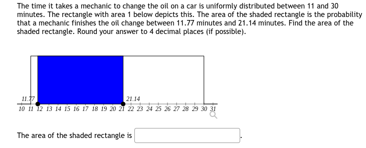 The time it takes a mechanic to change the oil on a car is uniformly distributed between 11 and 30
minutes. The rectangle with area 1 below depicts this. The area of the shaded rectangle is the probability
that a mechanic finishes the oil change between 11.77 minutes and 21.14 minutes. Find the area of the
shaded rectangle. Round your answer to 4 decimal places (if possible).
11.7
10 i1 12 13 14 15 16 17 18 19 20 21 22 23 24 25 26 27 28 29 30 31
21.14
The area of the shaded rectangle is
