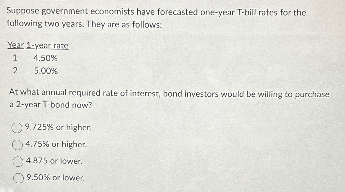 Suppose government economists have forecasted one-year T-bill rates for the
following two years. They are as follows:
Year 1-year rate
1
4.50%
2
5.00%
At what annual required rate of interest, bond investors would be willing to purchase
a 2-year T-bond now?
9.725% or higher.
4.75% or higher.
4.875 or lower.
9.50% or lower.