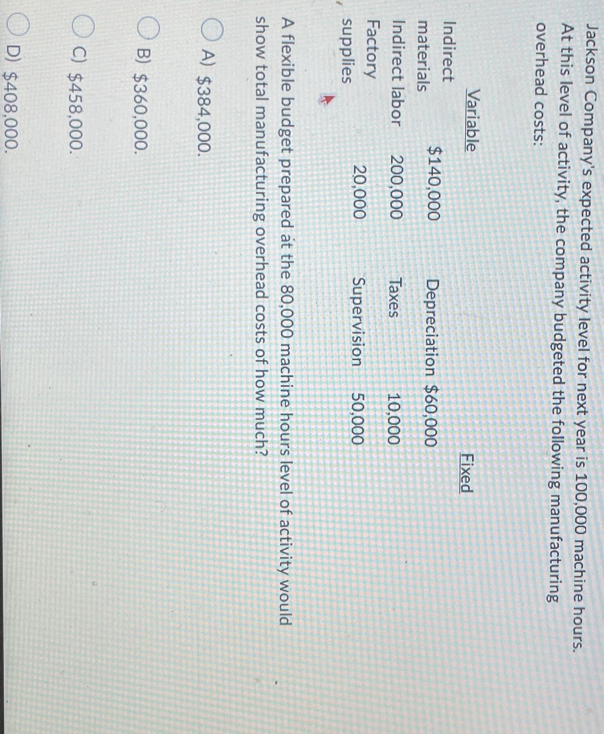 Jackson Company's expected activity level for next year is 100,000 machine hours.
At this level of activity, the company budgeted the following manufacturing
overhead costs:
Variable
Indirect
$140,000
materials
Indirect labor 200,000
Factory
supplies
B) $360,000.
C) $458,000.
20,000
D) $408,000.
Depreciation $60,000
Taxes
Supervision
10,000
A flexible budget prepared at the 80,000 machine hours level of activity would
show total manufacturing overhead costs of how much?
OA) $384,000.
50.000
Fixed