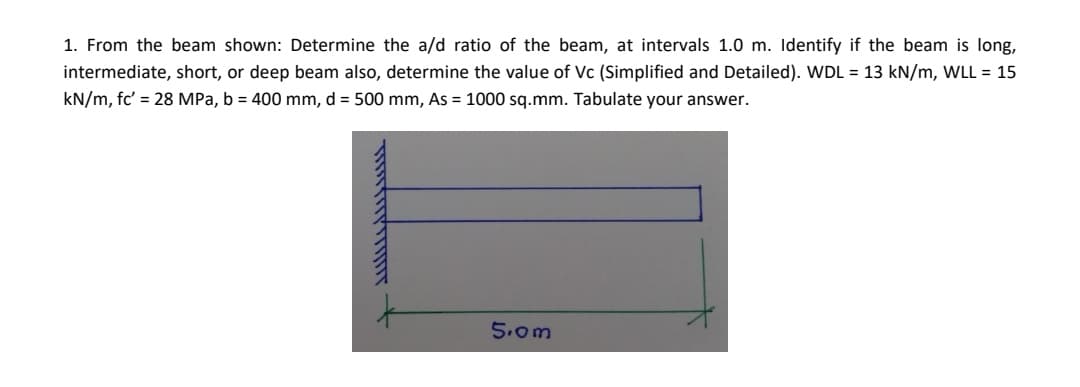 1. From the beam shown: Determine the a/d ratio of the beam, at intervals 1.0 m. Identify if the beam is long,
intermediate, short, or deep beam also, determine the value of Vc (Simplified and Detailed). WDL = 13 kN/m, WLL = 15
kN/m, fc' = 28 MPa, b = 400 mm, d = 500 mm, As = 1000 sq.mm. Tabulate your answer.
5.om
