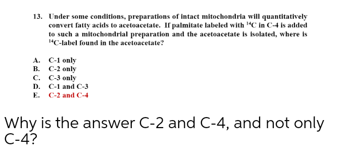 13. Under some conditions, preparations of intact mitochondria will quantitatively
convert fatty acids to acetoacetate. If palmitate labeled with 1"C in C-4 is added
to such a mitochondrial preparation and the acetoacetate is isolated, where is
1"C-label found in the acetoacetate?
С-1 only
В. С-2 оnly
С. С-3 only
D. C-1 and C-3
A.
E. C-2 and C-4
Why is the answer C-2 and C-4, and not only
C-4?
