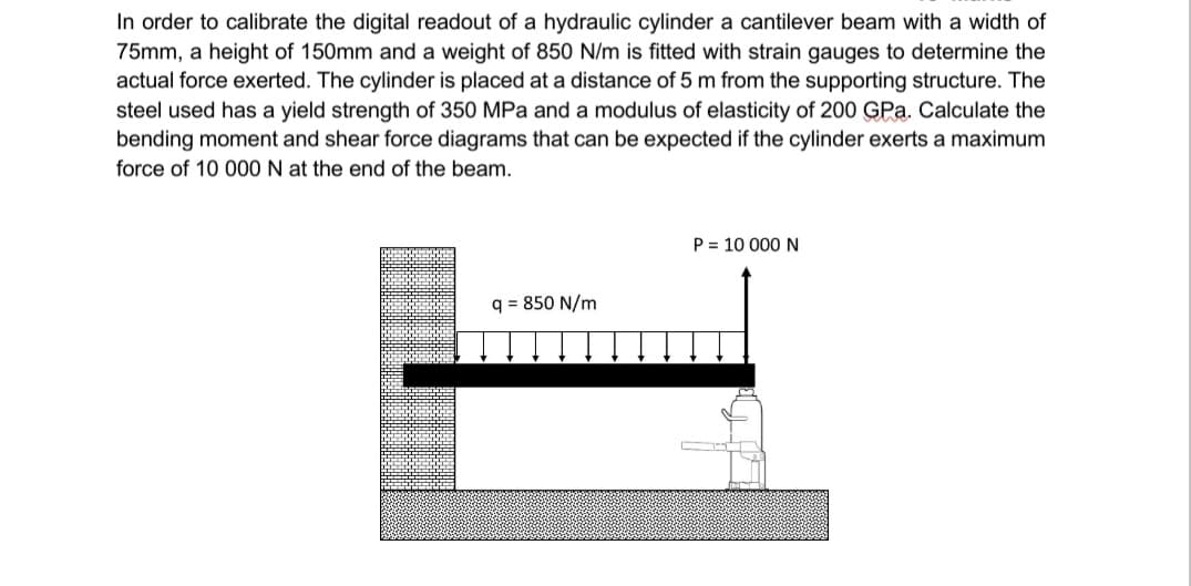 In order to calibrate the digital readout of a hydraulic cylinder a cantilever beam with a width of
75mm, a height of 150mm and a weight of 850 N/m is fitted with strain gauges to determine the
actual force exerted. The cylinder is placed at a distance of 5 m from the supporting structure. The
steel used has a yield strength of 350 MPa and a modulus of elasticity of 200 GPa. Calculate the
bending moment and shear force diagrams that can be expected if the cylinder exerts a maximum
force of 10 000 N at the end of the beam.
q = 850 N/m
P = 10 000 N