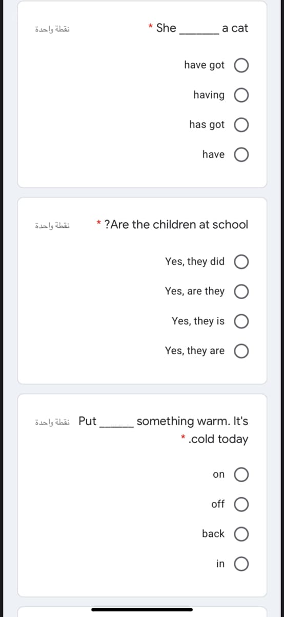 نقطة واحدة
* She
а cat
have got
having
has got
have
نقطة واحدة
* ?Are the children at school
Yes, they did
Yes, are they
Yes, they is
Yes, they are
ödaly äbäi Put
something warm. It's
.cold today
on
off
back
in
