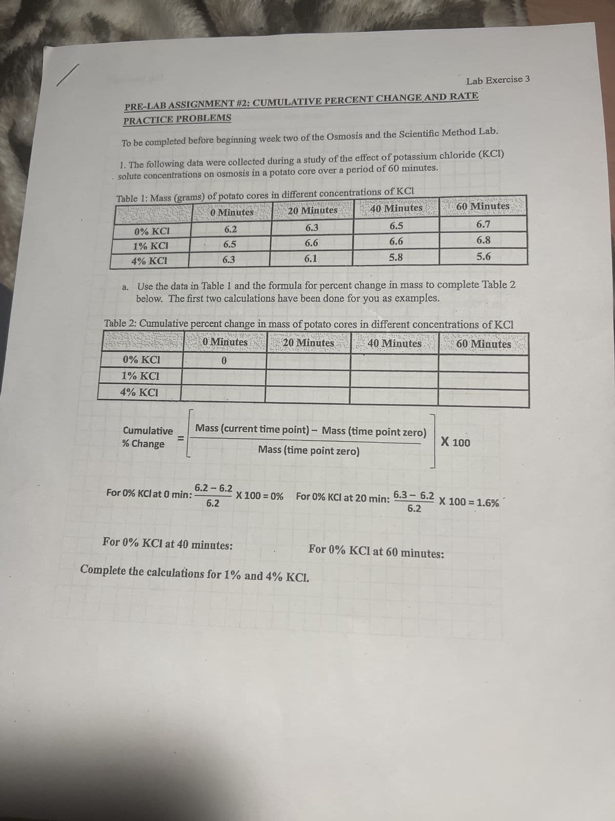 PRE-LAB ASSIGNMENT #2: CUMULATIVE PERCENT CHANGE AND RATE
PRACTICE PROBLEMS
To be completed before beginning week two of the Osmosis and the Scientific Method Lab.
1. The following data were collected during a study of the effect of potassium chloride (KCI)
.solute concentrations on osmosis in a potato core over a period of 60 minutes.
Table 1: Mass (grams) of potato cores in different concentrations of KCI
0 Minutes
20 Minutes
40 Minutes
0% KCI
1% KCI
4% KCI
Cumulative
% Change
6.2
6.5
6.3
=
For 0% KCl at 0 min:
a. Use the data in Table 1 and the formula for percent change in mass to complete Table 2
below. The first two calculations have been done for you as examples.
6.3
6.6
6.1
Table 2: Cumulative percent change in mass of potato cores in different concentrations of KCI
60 Minutes
0 Minutes
20 Minutes
40 Minutes
SARA
0% KCI
0
1% KCI
4% KCI
6.2-6.2
6.2
6.5
6.6
5.8
Mass (current time point) - Mass (time point zero)
Mass (time point zero)
For 0% KCl at 40 minutes:
Lab Exercise 3
X 100 = 0% For 0% KCI at 20 min:
Complete the calculations for 1% and 4% KCI.
6.3 -6.2
6.2
60 Minutes
6.7
6.8
5.6
For 0% KCl at 60 minutes:
X 100
X 100 = 1.6%