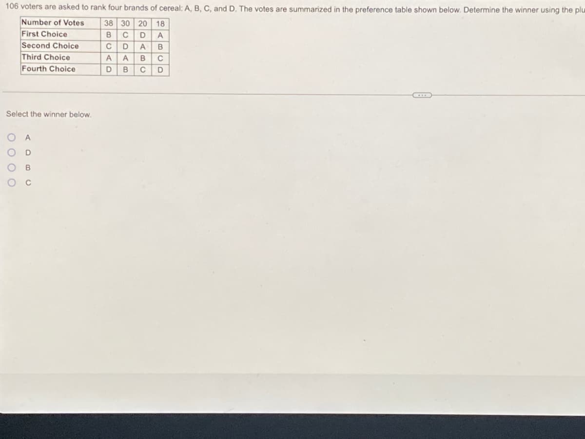 106 voters are asked to rank four brands of cereal: A, B, C, and D. The votes are summarized in the preference table shown below. Determine the winner using the plu
Number of Votes
First Choice
Second Choice
Third Choice
Fourth Choice
38 30 20 18
в с D
CD
A A
D B
A
A
B
C
D
Select the winner below.
A
D
B
C
O o o o
