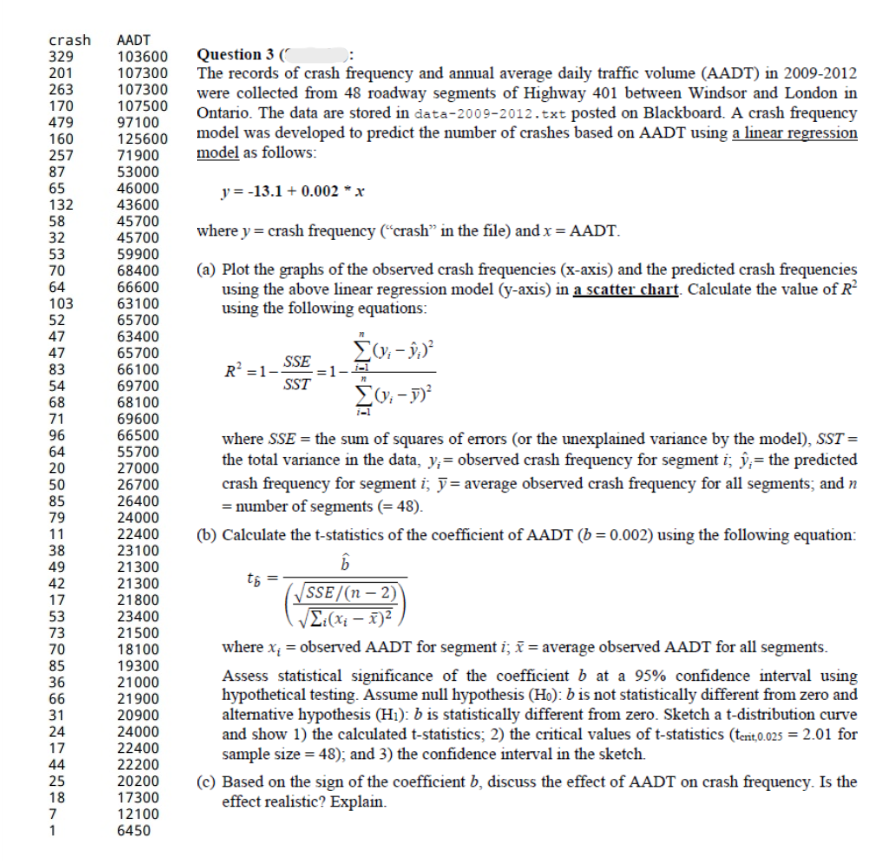 crash
329
201
263
170
AADT
Question 3 (
The records of crash frequency and annual average daily traffic volume (AADT) in 2009-2012
were collected from 48 roadway segments of Highway 401 between Windsor and London in
Ontario. The data are stored in data-2009-2012.txt posted on Blackboard. A crash frequency
model was developed to predict the number of crashes based on AADT using a linear regression
model as follows:
103600
107300
107300
107500
97100
125600
71900
53000
46000
43600
479
160
257
87
65
132
58
32
53
70
64
y = -13.1 + 0.002 * x
45700
45700
59900
68400
66600
where y = crash frequency (“crash" in the file) and x = AADT.
(a) Plot the graphs of the observed crash frequencies (x-axis) and the predicted crash frequencies
using the above linear regression model (y-axis) in a scatter chart. Calculate the value of R
using the following equations:
103
52
63100
47
47
65700
63400
65700
83
54
66100
69700
R² =1- SSE
SST
68
71
68100
69600
96
64
20
50
85
79
66500
55700
where SSE = the sum of squares of errors (or the unexplained variance by the model), SST =
the total variance in the data, y,= observed crash frequency for segment i; ŷ,= the predicted
27000
26700
crash frequency for segment i; ỹ= average observed crash frequency for all segments; and n
= number of segments (= 48).
26400
24000
22400
11
(b) Calculate the t-statistics of the coefficient of AADT (b = 0.002) using the following equation:
38
49
23100
21300
42
17
21300
21800
23400
21500
SSE/(n – 2)
E:(xi – x)²
53
73
where x = observed AADT for segment i; x = average observed AADT for all segments.
70
85
36
66
18100
19300
21000
Assess statistical significance of the coefficient b at a 95% confidence interval using
hypothetical testing. Assume null hypothesis (Ho): b is not statistically different from zero and
alternative hypothesis (H1): b is statistically different from zero. Sketch a t-distribution curve
and show 1) the calculated t-statistics; 2) the critical values of t-statistics (tenit,0.025 = 2.01 for
sample size = 48); and 3) the confidence interval in the sketch.
21900
31
24
17
20900
24000
22400
22200
20200
17300
12100
6450
44
25
18
7
(c) Based on the sign of the coefficient b, discuss the effect of AADT on crash frequency. Is the
effect realistic? Explain.
1
