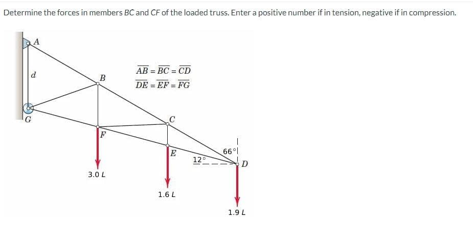 Determine the forces in members BC and CF of the loaded truss. Enter a positive number if in tension, negative if in compression.
d
G
B
F
3.0 L
AB = BC = CD
DE=EF=FG
Q
E
1.6 L
12°
66°1
D
1.9 L