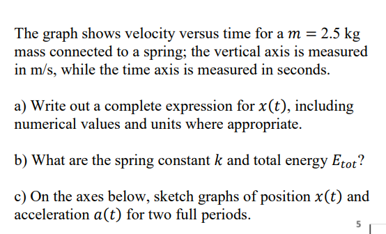 The graph shows velocity versus time for a m = 2.5 kg
mass connected to a spring; the vertical axis is measured
in m/s, while the time axis is measured in seconds.
a) Write out a complete expression for x(t), including
numerical values and units where appropriate.
b) What are the spring constant k and total energy Etot?
c) On the axes below, sketch graphs of position x(t) and
acceleration a(t) for two full periods.
5
