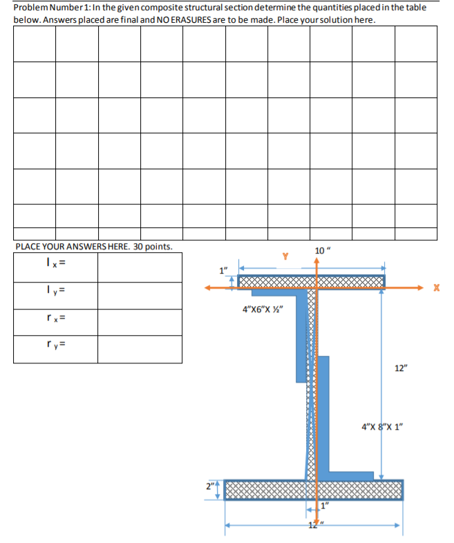 Problem Number 1:In the given composite structural section determine the quantities placed in the table
below. Answers placed are final and NO ERASURES are to be made. Place yoursolution here.
PLACE YOUR ANSWERS HERE. 30 points.
10
Ix=
Iy=
4"X6"X %"
rx=
ry=
12"
4"X 8"X 1"
