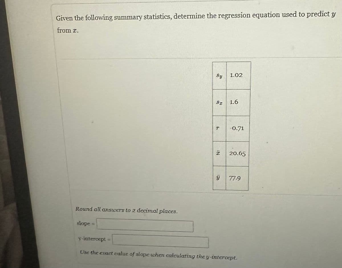 Given the following summary statistics, determine the regression equation used to predict y
from Ta
Round all answers to 2 decimal places.
slope -
y-intercept
Sy
SI
T
15
Y
1.02
1.6
-0.71
20.65
77-9
Use the exact value of slope when calculating the y-intercept.