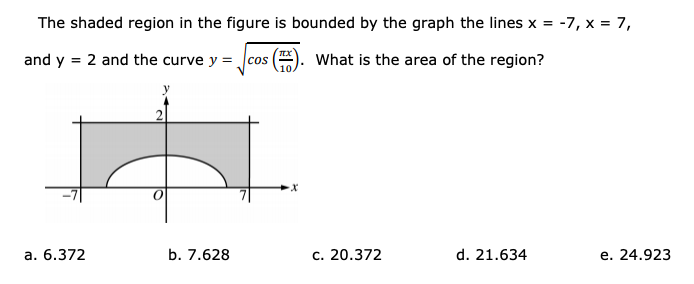 The shaded region in the figure is bounded by the graph the lines x = -7, x = 7,
and y = 2 and the curve y = Jcos
What is the area of the region?
а. 6.372
b. 7.628
c. 20.372
d. 21.634
е. 24.923
