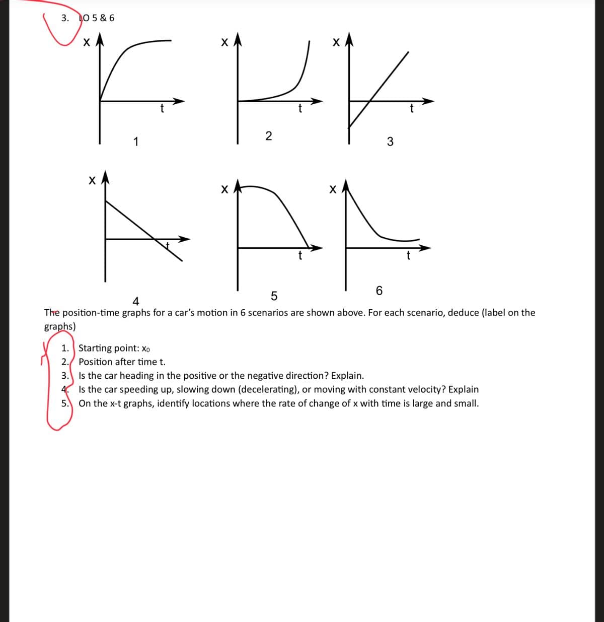 3. 10 5 & 6
DOSAL
FKK
X
AAA
5
X
1
t
X
1. Starting point: Xo
2. Position after time t.
3.
3
6
4
The position-time graphs for a car's motion in 6 scenarios are shown above. For each scenario, deduce (label on the
graphs)
Is the car heading in the positive or the negative direction? Explain.
Is the car speeding up, slowing down (decelerating), or moving with constant velocity? Explain
5. On the x-t graphs, identify locations where the rate of change of x with time is large and small.