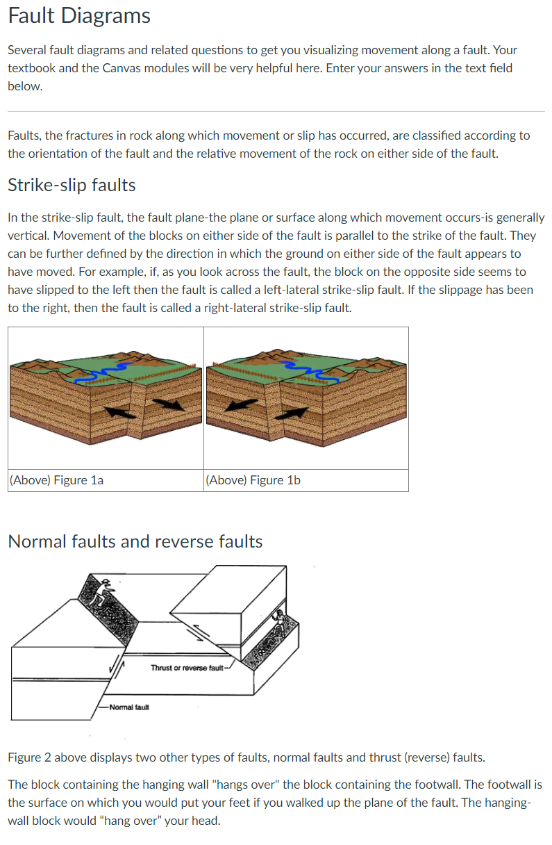 Fault Diagrams
Several fault diagrams and related questions to get you visualizing movement along a fault. Your
textbook and the Canvas modules will be very helpful here. Enter your answers in the text field
below.
Faults, the fractures in rock along which movement or slip has occurred, are classified according to
the orientation of the fault and the relative movement of the rock on either side of the fault.
Strike-slip faults
In the strike-slip fault, the fault plane-the plane or surface along which movement occurs-is generally
vertical. Movement of the blocks on either side of the fault is parallel to the strike of the fault. They
can be further defined by the direction in which the ground on either side of the fault appears to
have moved. For example, if, as you look across the fault, the block on the opposite side seems to
have slipped to the left then the fault is called a left-lateral strike-slip fault. If the slippage has been
to the right, then the fault is called a right-lateral strike-slip fault.
(Above) Figure 1a
|(Above) Figure 1b
Normal faults and reverse faults
Thrust or reverse fault-
-Normal fault
Figure 2 above displays two other types of faults, normal faults and thrust (reverse) faults.
The block containing the hanging wall "hangs over" the block containing the footwall. The footwall is
the surface on which you would put your feet if you walked up the plane of the fault. The hanging-
wall block would "hang over" your head.
