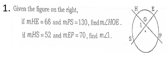 1. Given the figure on the right,
if mHE = 68 and mPS = 130, find m/HOE.
if mHS = 52 and mEP = 70, find mZ1,
