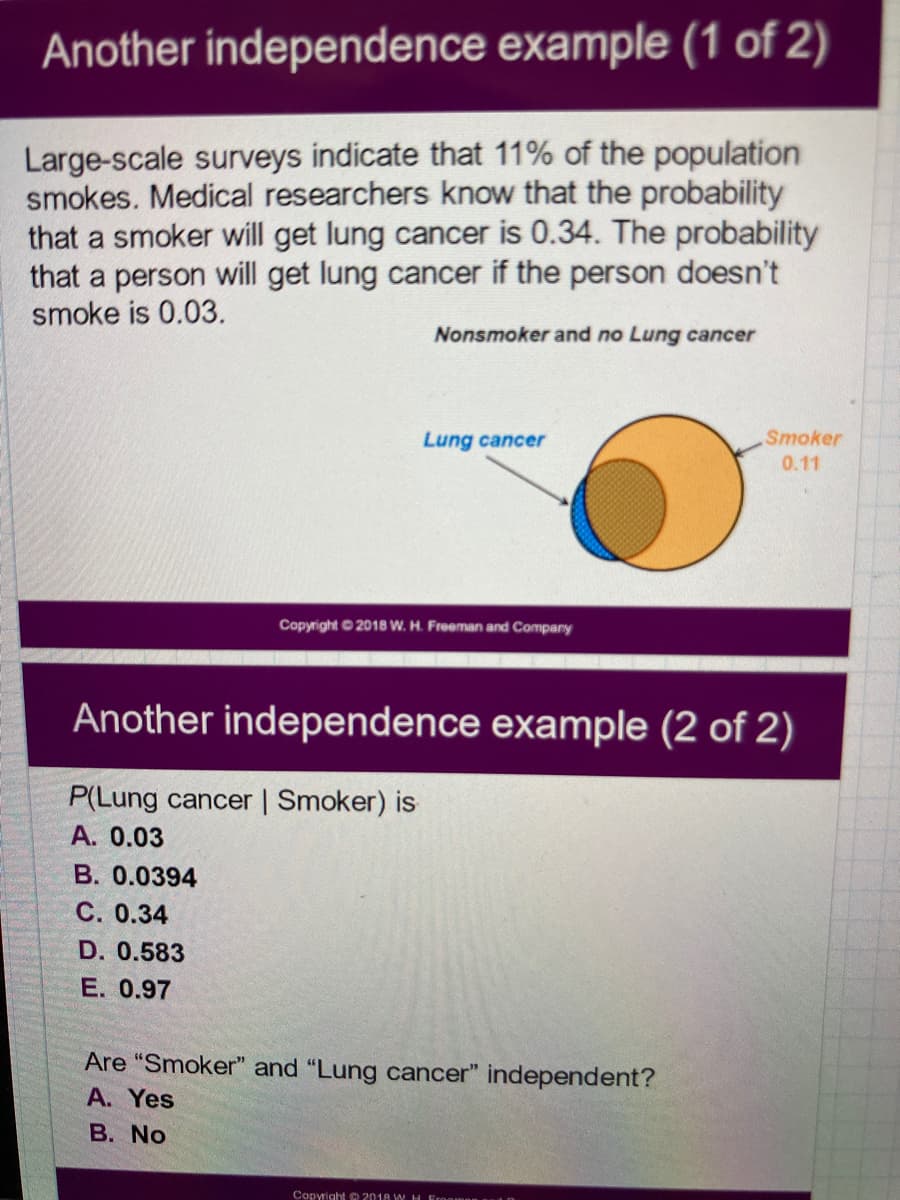 Another independence example (1 of 2)
Large-scale surveys indicate that 11% of the population
smokes. Medical researchers know that the probability
that a smoker will get lung cancer is 0.34. The probability
that a person will get lung cancer if the person doesn't
smoke is 0.03.
Nonsmoker and no Lung cancer
Lung cancer
Smoker
0.11
Copyright © 2018 W. H. Freeman and Company
Another independence example (2 of 2)
P(Lung cancer | Smoker) is
A. 0.03
В. 0.0394
С. 0.34
D. 0.583
E. 0.97
Are "Smoker" and "Lung cancer" independent?
A. Yes
В. No
Copyright 2018 W H Ernaman
