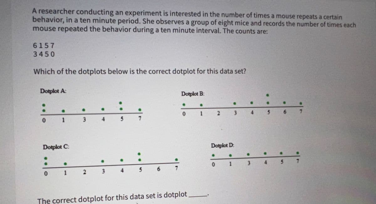 A researcher conducting an experiment is interested in the number of times a mouse repeats a certain
behavior, in a ten minute period. She observes a group of eight mice and records the number of times each
mouse repeated the behavior during a ten minute interval. The counts are:
6157
3450
Which of the dotplots below is the correct dotplot for this data set?
Dotplot A:
0
.
1
Dotplot C:
0
●
1
3
2
4
3
5
4
●
7
5
6
7
Dotplot B:
●
0
The correct dotplot for this data set is dotplot
.
1
Dotplot D
●
2
0
●
1
●
.
3 4 5
●
3
4
•
6
5
7