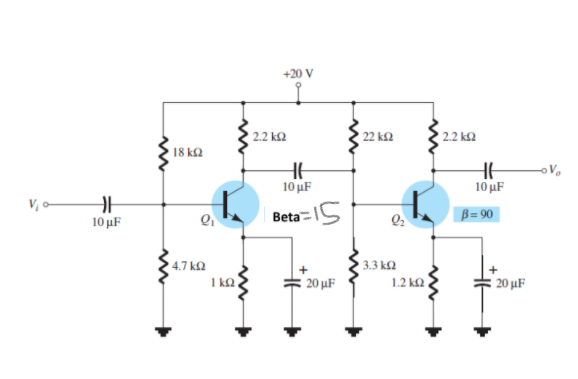 +20 V
2.2 k2
22 k2
2.2 k2
18 ka
10 uF
10 µF
Beta=S
B= 90
10 μF
3.3 k£2
1.2 k
4.7 k.
20 µF
20 µF
