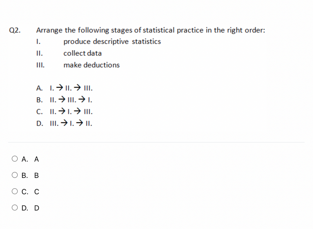 Q2.
Arrange the following stages of statistical practice in the right order:
I.
produce descriptive statistics
I.
collect data
II.
make deductions
A. I.→II.→ III.
B. II. → III. → I.
C. II. →1.→ II.
D. III.→1.→ II.
О А. А
В. В
С. С
O D. D
