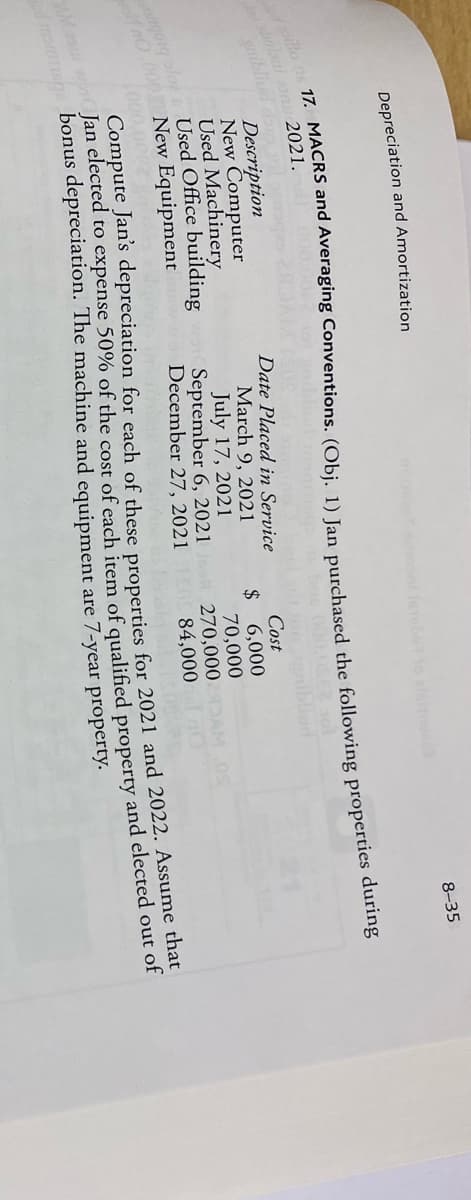 Depreciation and Amortization
8-35
dotto no 17. MACRS and Averaging Conventions. (Obj. 1) Jan purchased the following properties during
au sbobni on 2021.
bras.000,082 301
Description
New Computer
Used Machinery
Date Placed in Service
March 9, 2021
Cost
$ 6,000
70,000
July 17, 2021
September 6, 2021
December 27, 2021
ngong alor Used Office building
no.000 New Equipment
270,000 DAM 05
1505 84,000
Cort
Compute Jan's depreciation for each of these properties for 2021 and 2022. Assume that
AM WJan elected to expense 50% of the cost of each item of qualified property and elected out of
ed motanish bonus depreciation. The machine and equipment are 7-year property.