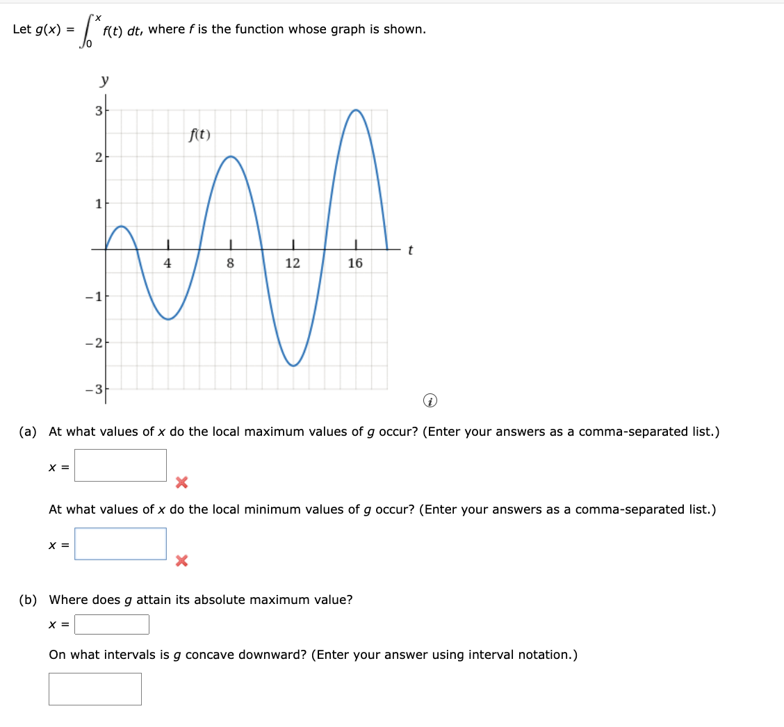 Let g(x) =
· 5²²
f(t) dt, where f is the function whose graph is shown.
X =
f(t)
NAA
12
16
y
X =
3
X =
2
1
-1
-2
i
(a) At what values of x do the local maximum values of g occur? (Enter your answers as a comma-separated list.)
- co
X
At what values of x do the local minimum values of g occur? (Enter your answers as a comma-separated list.)
X
t
(b) Where does g attain its absolute maximum value?
On what intervals is g concave downward? (Enter your answer using interval notation.)