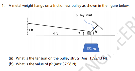 1. A metal weight hangs on a frictionless pulley as shown in the figure below.
pulley strut
1 ft
4 ft
a
132 kg
(a) What is the tension on the pulley strut? (Ans: 1592.13 N)
(b) What is the value of B? (Ans: 37.98 N)
EERS
