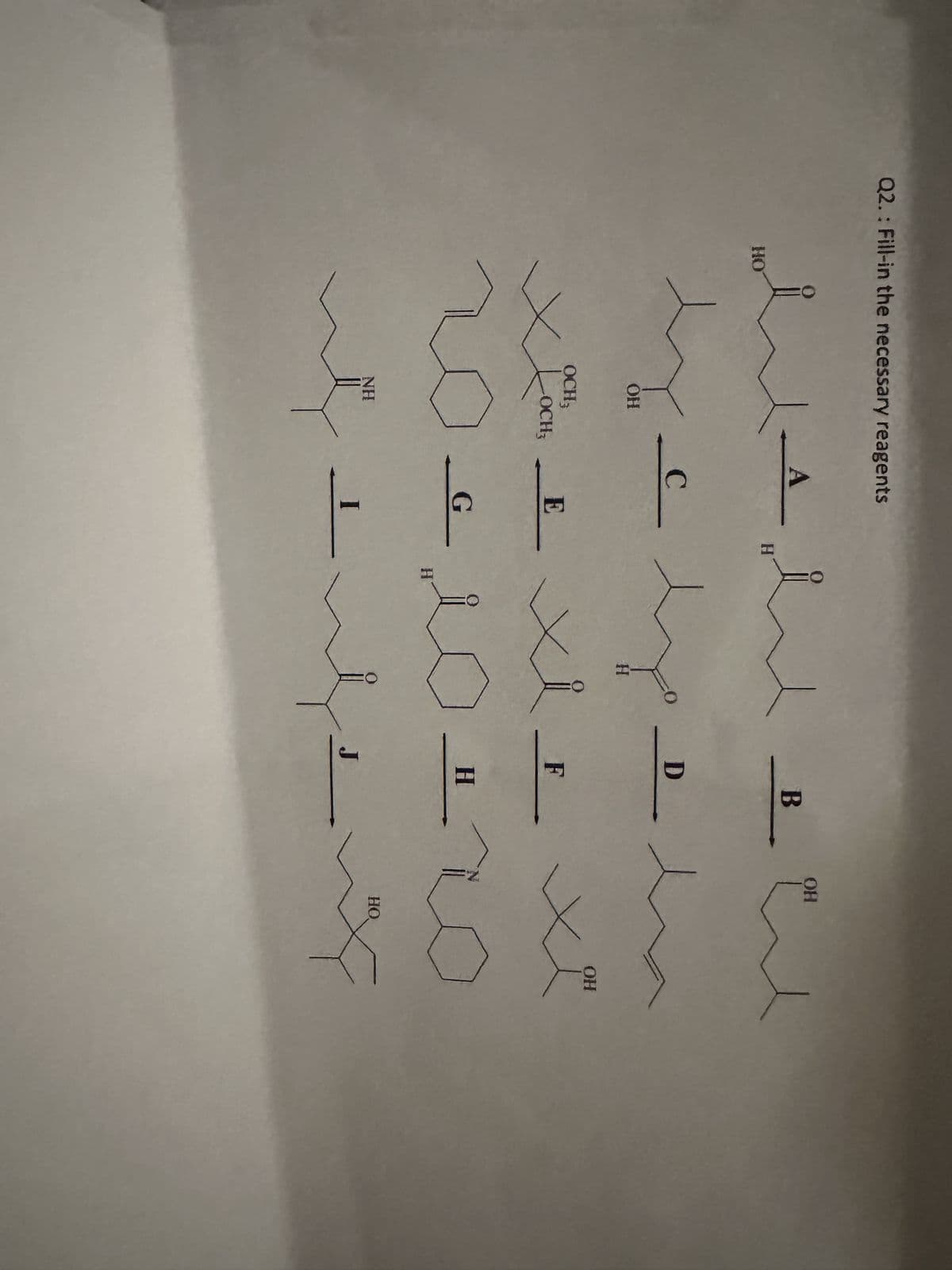 Q2.: Fill-in the necessary reagents
HO
O
|-
OH
OCH,
OCH 3
NH
A
C
E
G
H
H
O
D
xi-
F
B
OH
OH
Lon
OTO
H
HO
0
J
Intens