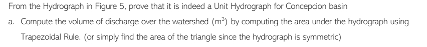 From the Hydrograph in Figure 5, prove that it is indeed a Unit Hydrograph for Concepcion basin
a. Compute the volume of discharge over the watershed (m³) by computing the area under the hydrograph using
Trapezoidal Rule. (or simply find the area of the triangle since the hydrograph is symmetric)