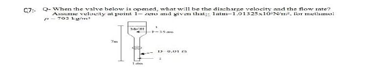 Q- When the valve below is opened, what will be the discharge velocity and the flow rate?
Assume velocity al point 1- ceTO and givenn that:- laln-1.013 25x10 N/1n2, lor mehamol
- 702 kg/
C7:-
-P-15 ann
o.01 m
