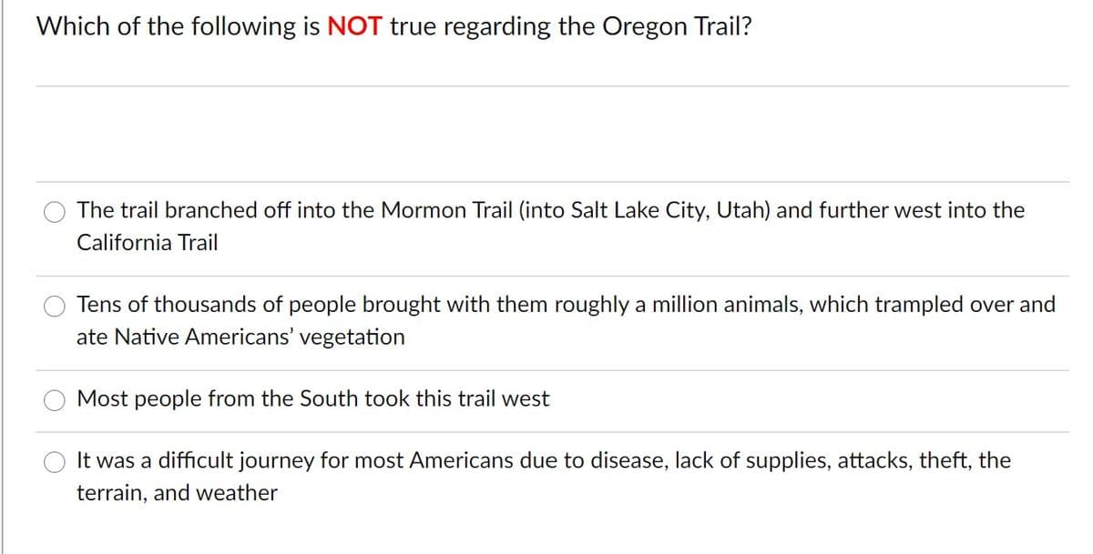 Which of the following is NOT true regarding the Oregon Trail?
The trail branched off into the Mormon Trail (into Salt Lake City, Utah) and further west into the
California Trail
Tens of thousands of people brought with them roughly a million animals, which trampled over and
ate Native Americans' vegetation
Most people from the South took this trail west
It was a difficult journey for most Americans due to disease, lack of supplies, attacks, theft, the
terrain, and weather
