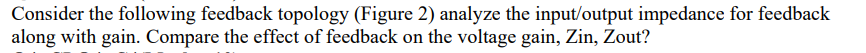 Consider the following feedback topology (Figure 2) analyze the input/output impedance for feedback
along with gain. Compare the effect of feedback on the voltage gain, Zin, Zout?
