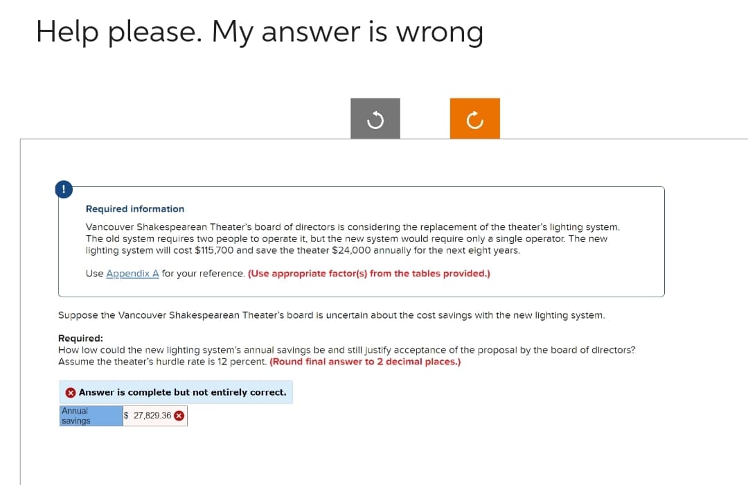 Help please. My answer is wrong
Required information
Vancouver Shakespearean Theater's board of directors is considering the replacement of the theater's lighting system.
The old system requires two people to operate it, but the new system would require only a single operator. The new
lighting system will cost $115,700 and save the theater $24,000 annually for the next eight years.
Use Appendix A for your reference. (Use appropriate factor(s) from the tables provided.)
Suppose the Vancouver Shakespearean Theater's board is uncertain about the cost savings with the new lighting system.
Required:
How low could the new lighting system's annual savings be and still justify acceptance of the proposal by the board of directors?
Assume the theater's hurdle rate is 12 percent. (Round final answer to 2 decimal places.)
X Answer is complete but not entirely correct.
Annual
$ 27,829.36 x
savings