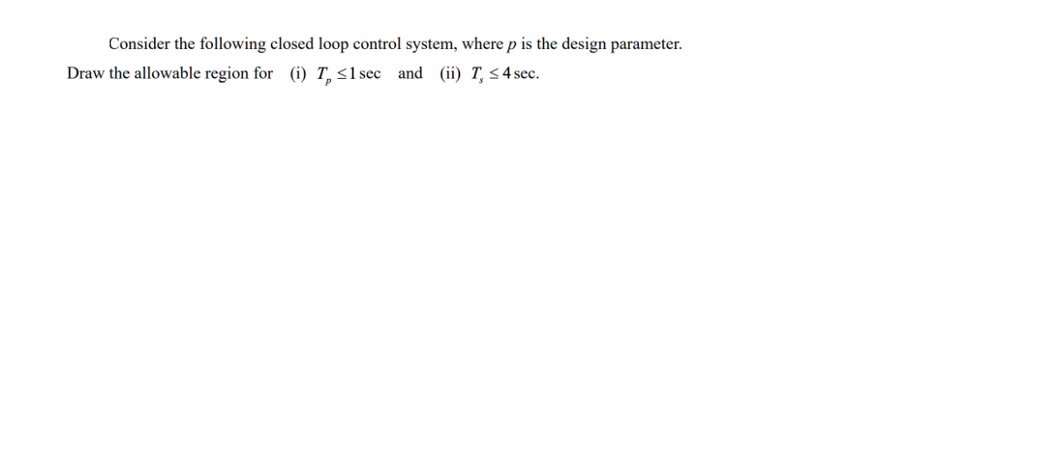 Consider the following closed loop control system, where p is the design parameter.
Draw the allowable region for (i) T,<1 sec and (ii) T, <4 sec.
