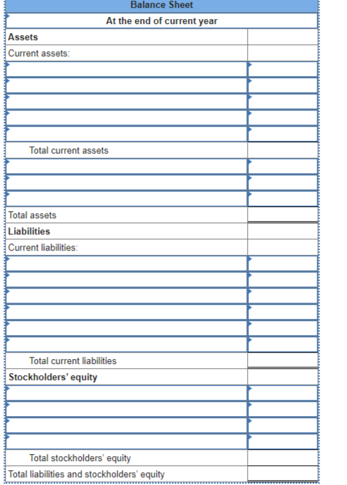 Assets
Current assets:
Total current assets
Total assets
Liabilities
Current liabilities:
Balance Sheet
At the end of current year
Total current liabilities
Stockholders' equity
Total stockholders' equity
Total liabilities and stockholders' equity