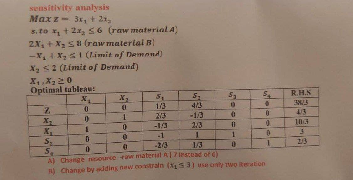 sensitivity analysis
Max z = 3x,+ 2x2
s. to x, + 2x,56 (raw material A)
2X+X2 S8 (raw material B)
-X+ X21 (L.imit of Demand)
X2 52 (Limit of Demand)
%3D
X1, X2 2 0
Optimal tableau:
X1
0.
X2
0.
S2
4/3
R.H.S
S3
0.
S4
0.
1/3
38/3
X2
0.
1
2/3
-1/3
0.
0.
4/3
1.
0.
-1/3
2/3
0.
10/3
0.
0.
-1
1.
0.
3.
0.
-2/3
1/3
0.
1
2/3
A) Change resource -raw material A (7 Instead of 6)
B) Change by adding new constrain (x1S3) use only two iteration
