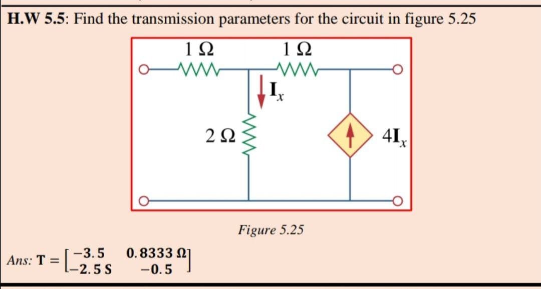 H.W 5.5: Find the transmission parameters for the circuit in figure 5.25
1Ω
2Ω
Figure 5.25
-3.5
0.8333 01
Ans: T =
-2.5 S
-0.5
