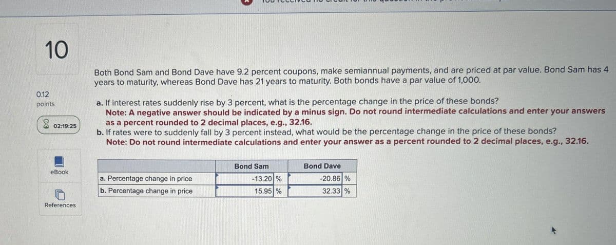 10
0.12
points
02:19:25
Both Bond Sam and Bond Dave have 9.2 percent coupons, make semiannual payments, and are priced at par value. Bond Sam has 4
years to maturity, whereas Bond Dave has 21 years to maturity. Both bonds have a par value of 1,000.
a. If interest rates suddenly rise by 3 percent, what is the percentage change in the price of these bonds?
Note: A negative answer should be indicated by a minus sign. Do not round intermediate calculations and enter your answers
as a percent rounded to 2 decimal places, e.g., 32.16.
b. If rates were to suddenly fall by 3 percent instead, what would be the percentage change in the price of these bonds?
Note: Do not round intermediate calculations and enter your answer as a percent rounded to 2 decimal places, e.g., 32.16.
Bond Sam
eBook
a. Percentage change in price
b. Percentage change in price
-13.20%
15.95 %
References
Bond Dave
-20.86%
32.33 %