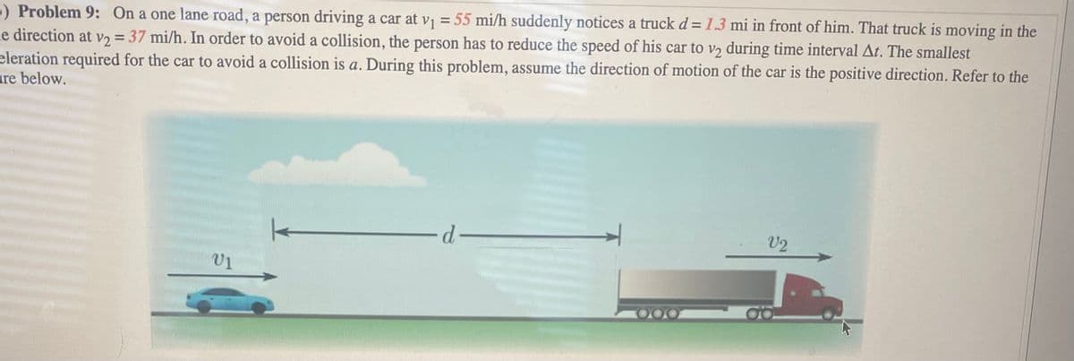 -) Problem 9: On a one lane road, a person driving a car at v₁ = 55 mi/h suddenly notices a truck d = 1.3 mi in front of him. That truck is moving in the
e direction at v2 = 37 mi/h. In order to avoid a collision, the person has to reduce the speed of his car to v2 during time interval At. The smallest
eleration required for the car to avoid a collision is a. During this problem, assume the direction of motion of the car is the positive direction. Refer to the
ure below.
V1
d-
V2