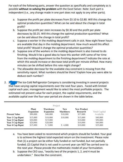 For each of the following parts, answer the question as specifically and completely as is
possible without re-solving the problem with the Excel Solver. Note: Each part is
independent (i.e., any change made in one part does not apply to any other parts).
a. Suppose the profit per plate decreases from $3.10 to $2.80. Will this change the
optimal production quantities? What can be said about the change in total
profit?
b. Suppose the profit per stein increases by $0.30 and the profit per plate
decreases by $0.25. Will this change the optimal production quantities? What
can be said about the change in total profit?
c. Suppose a worker in the molding department calls in sick. Now eight fewer hours
are available that day in the molding department. How much would this affect
total profit? Would it change the optimal production quantities?
d. Suppose one of the workers in the molding department is also trained to do
finishing. Would it be a good idea to have this worker shift some of her time
from the molding department to the finishing department? Indicate the rate at
which this would increase or decrease total profit per minute shifted. How many
minutes can be shifted before this rate might change?
e. The allowable decrease for the available clay constraint is missing from the
sensitivity report. What numbers should be there? Explain how you were able to
deduce each number?
2. The Ice-Cold Refrigerator Company is considering investing in several projects
that have varying capital requirements over the next four years. Faced with limited
capital each year, management would like to select the most profitable projects. The
estimated net present value for each project, the capital requirements, and the
available capital over the four-year period are shown in the table below.
Project
Plant
Expansion
Warehouse
Expansion
New
Machinery
New Product
Research
Present Value
$90,000
$40,000
$10,000
$37,000
Total Capital
Available
Year 1 Cap Rqmt
$15,000
$10,000
$10,000
$15,000
$40,000
Year 2 Cap Rqmt
$20,000
$15,000
$10,000
$50,000
Year 3 Cap Rqmt
$20,000
$20,000
$10,000
$40,000
Year 4 Cap Rqmt
$15,000
$ 5,000
$ 4,000
$10,000
$35,000
a. You have been asked to recommend which projects should be funded. Your goal
is to achieve the highest total expected return on the investment. Please note
that (1) a project can be either fully funded or not funded, but not partially
funded; (2) Capital that is not used in current year can NOT be carried over to
the next year. Please provide the mathematic model of your formulation.
b. Suppose the CEO says, "exactly two of the projects 1, 2, and 4 must be
undertaken." Describe the constraint.