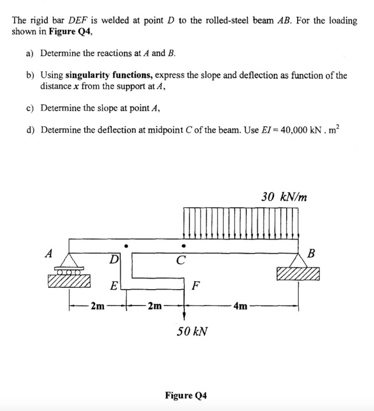 The rigid bar DEF is welded at point D to the rolled-steel beam AB. For the loading
shown in Figure Q4,
a) Determine the reactions at A and B.
b) Using singularity functions, express the slope and deflection as function of the
distance x from the support at A,
c) Determine the slope at point A,
d) Determine the deflection at midpoint C of the beam. Use EI = 40,000 kN . m?
30 kN/m
A
В
D
C
E
F
2m
- 2m
4m
50 kN
Figure Q4
