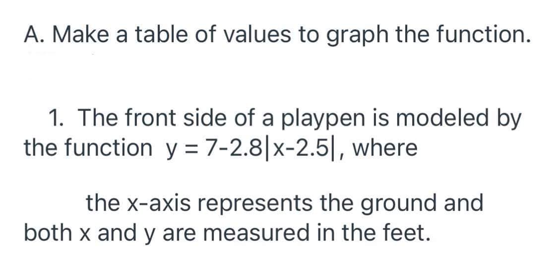 A. Make a table of values to graph the function.
1. The front side of a playpen is modeled by
the function y =7-2.8|x-2.5|, where
the x-axis represents the ground and
both x and y are measured in the feet.
