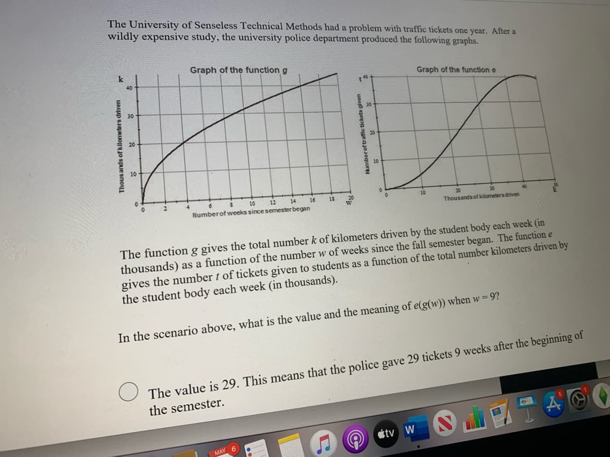 The University of Senseless Technical Methods had a problem with traffic tickets one year. After a
wildly expensive study, the university police department produced the following graphs.
Graph of the function g
k
40
Graph of the function e
20
10
16
14
Numberof weeks since semester began
12
18
10
Thousands of kilometers driven
The function g gives the total number k of kilometers driven by the student body each week (in
thousands) as a function of the number w of weeks since the fall semester began. The function e
gives the number t of tickets given to students as a function of the total number kilometers driven by
the student body each week (in thousands).
g
In the scenario above, what is the value and the meaning of e(g(w)) when w = 9?
The value is 29. This means that the police gave 29 tickets 9 weeks after the beginning of
the semester.
étv W
MAY 6
Thous ands of kilometers driven
Number of traffic tickets given
