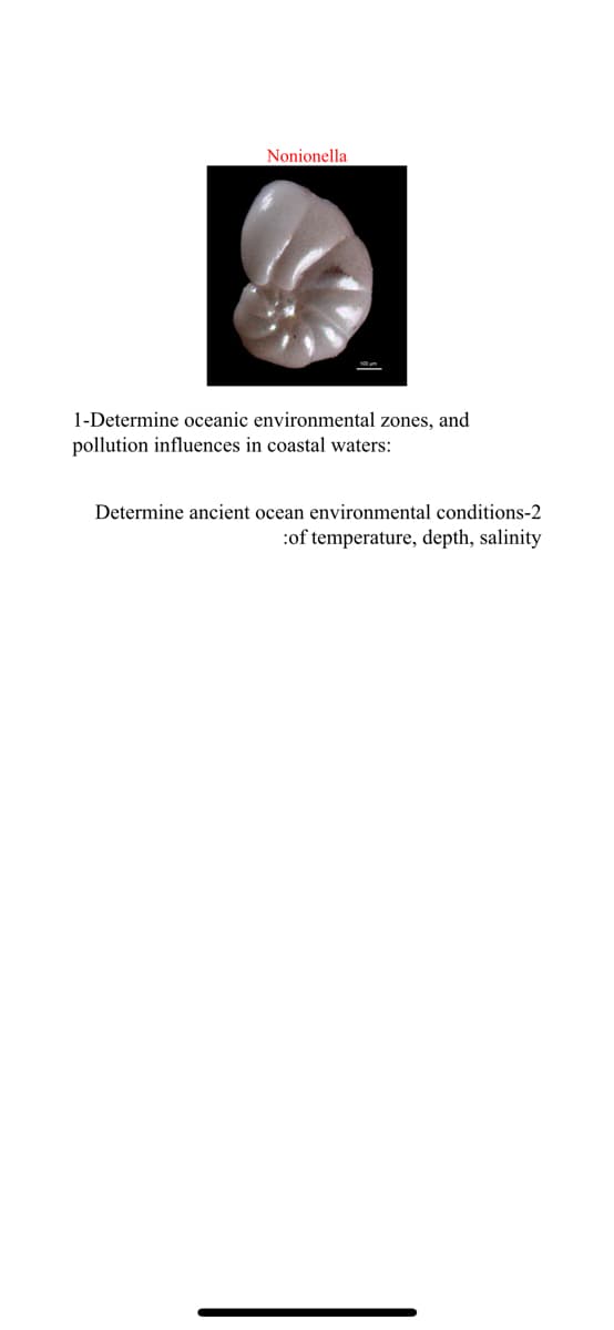 Nonionella
1-Determine oceanic environmental zones, and
pollution influences in coastal waters:
Determine ancient ocean environmental conditions-2
:of temperature, depth, salinity
